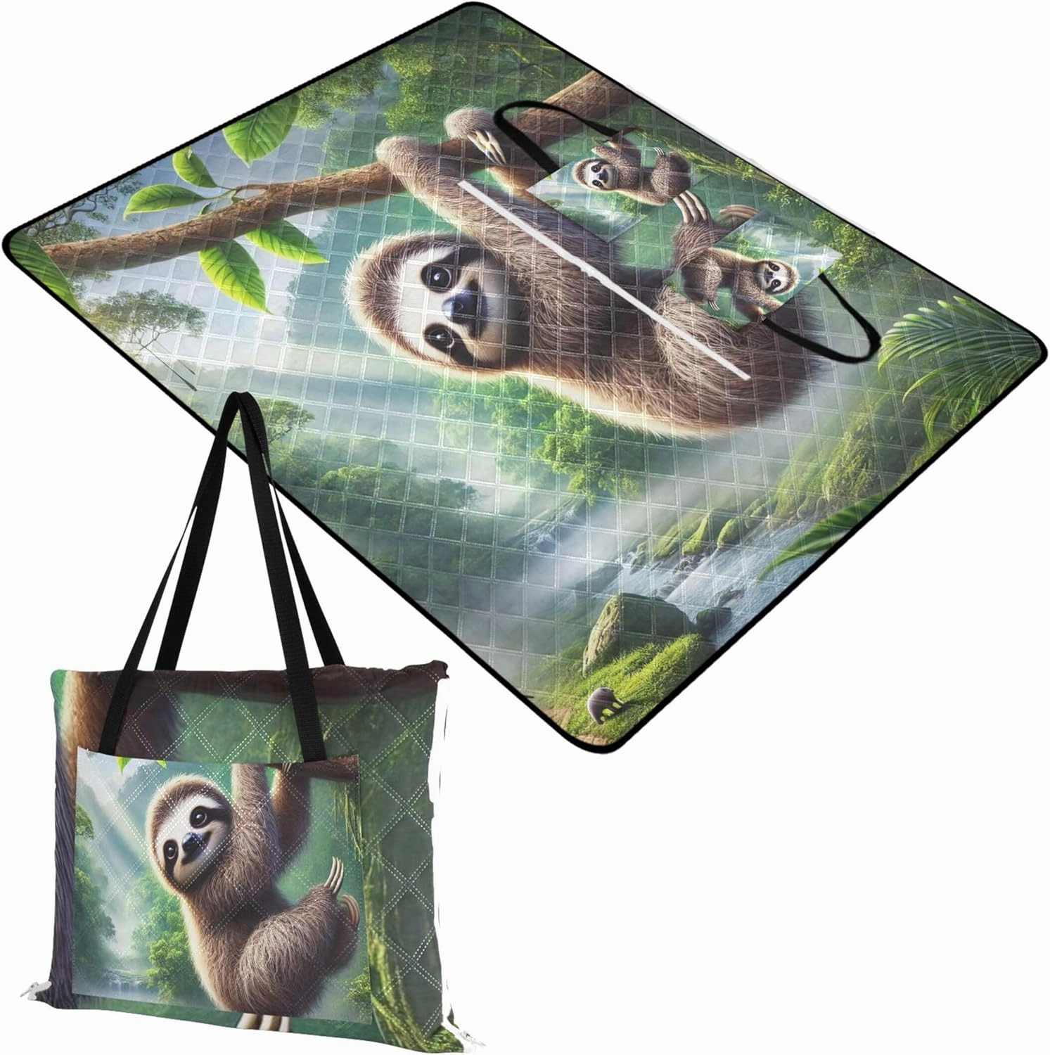 CHIFIGNO Cute Sloth Lush Tropical Forest Sand Free Beach Blanket Waterproof Outdoor Blanket Camping Mat Pink Picnic Blanket Foldable 80" x 60"