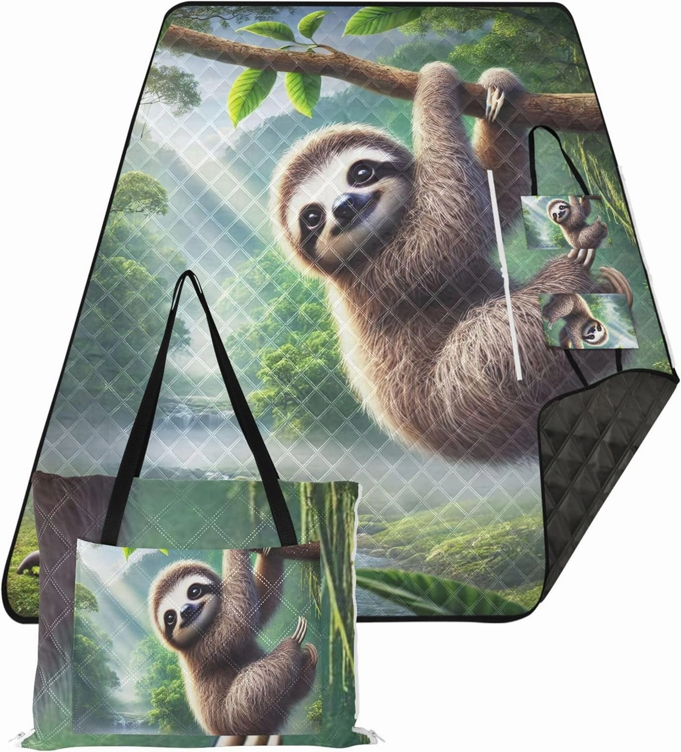 CHIFIGNO Cute Sloth Lush Tropical Forest Sand Free Beach Blanket Waterproof Outdoor Blanket Camping Mat Pink Picnic Blanket Foldable 80" x 60"