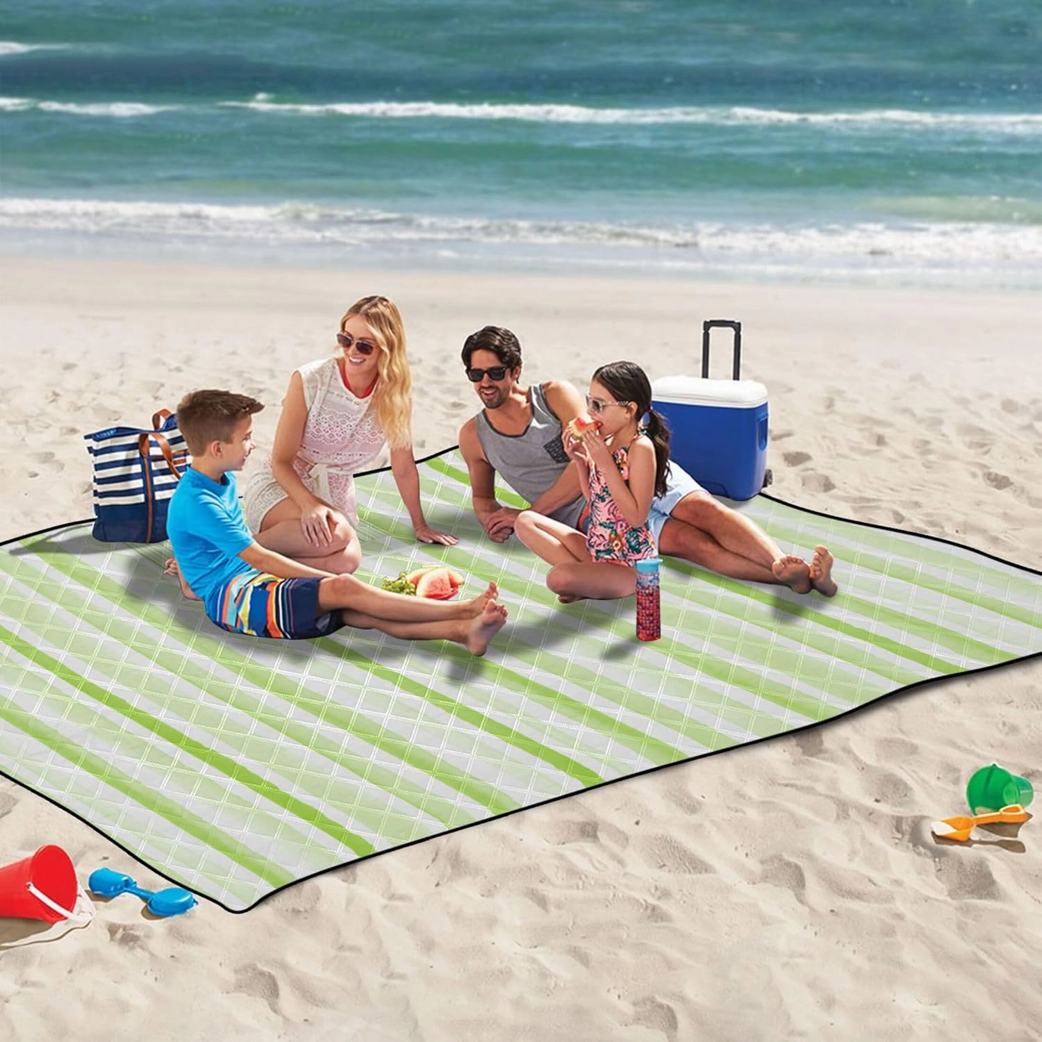 CHIFIGNO Green Watercolor Striped Sand Proof Beach Blanket Waterproof Picnic Supplies Foldable Mat Floral Tent Rugs for Camping Mat 80" x 60"