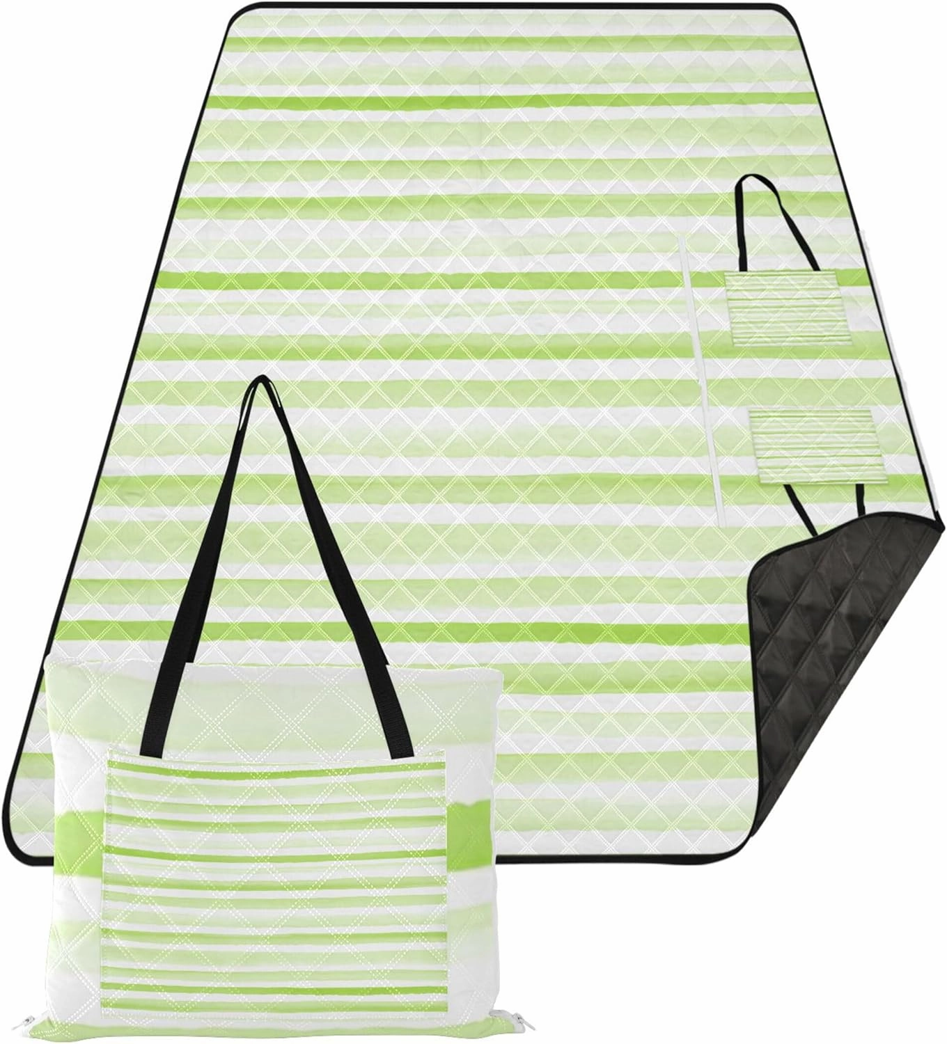 CHIFIGNO Green Watercolor Striped Sand Proof Beach Blanket Waterproof Picnic Supplies Foldable Mat Floral Tent Rugs for Camping Mat 80" x 60"