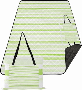 CHIFIGNO Green Watercolor Striped Sand Proof Beach Blanket Waterproof Picnic Supplies Foldable Mat Floral Tent Rugs for Camping Mat 80" x 60"