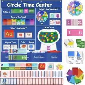 Circle Time Learning Center-Montessori Toy for 3 4 5 Year Old Pocket Chart Calendar Set Learning Calendar Weather,Alphabet,Counting Number,Color,Classroom Calendar Pocket Chart for Homeschool Supplies