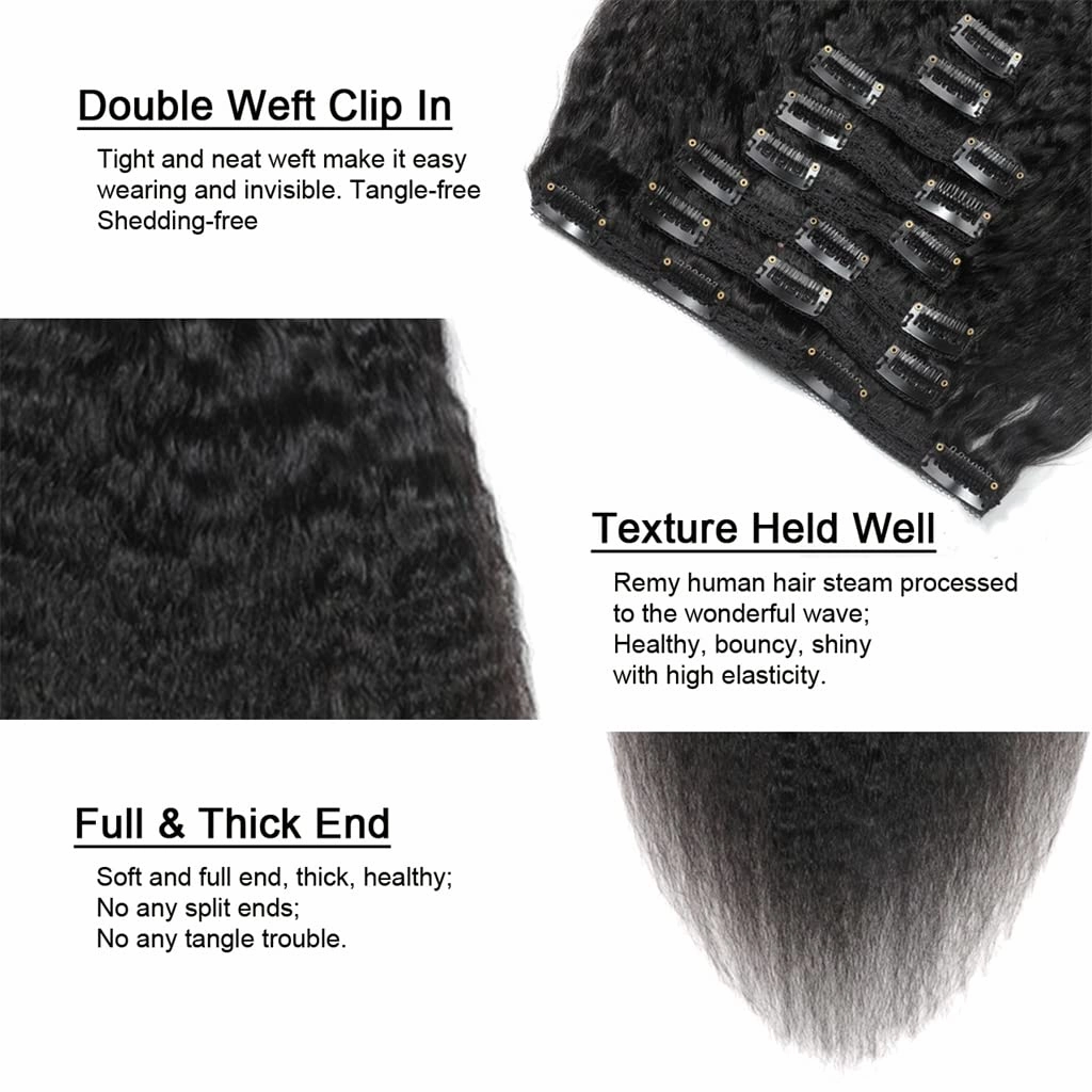 Clips In Hair Extensions Kinky Straight (Yaky) Human Hair - 16" Natural Black (#1B)