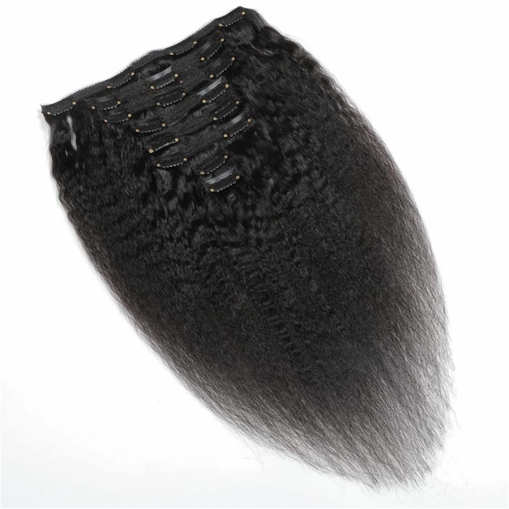Clips In Hair Extensions Kinky Straight (Yaky) Human Hair - 16" Natural Black (#1B)