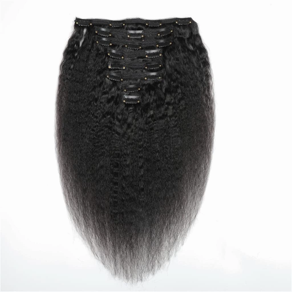 Clips In Hair Extensions Kinky Straight (Yaky) Human Hair - 16" Natural Black (#1B)