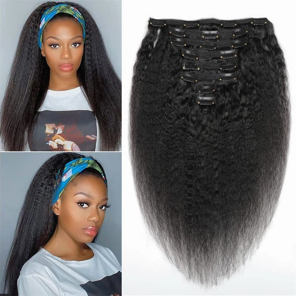 Clips In Hair Extensions Kinky Straight (Yaky) Human Hair - 16" Natural Black (#1B)