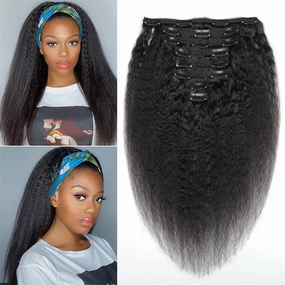 Clips In Hair Extensions Kinky Straight (Yaky) Human Hair - 16" Natural Black (#1B)