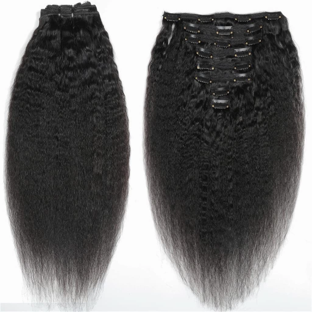 Clips In Hair Extensions Kinky Straight (Yaky) Human Hair - 16" Natural Black (#1B)