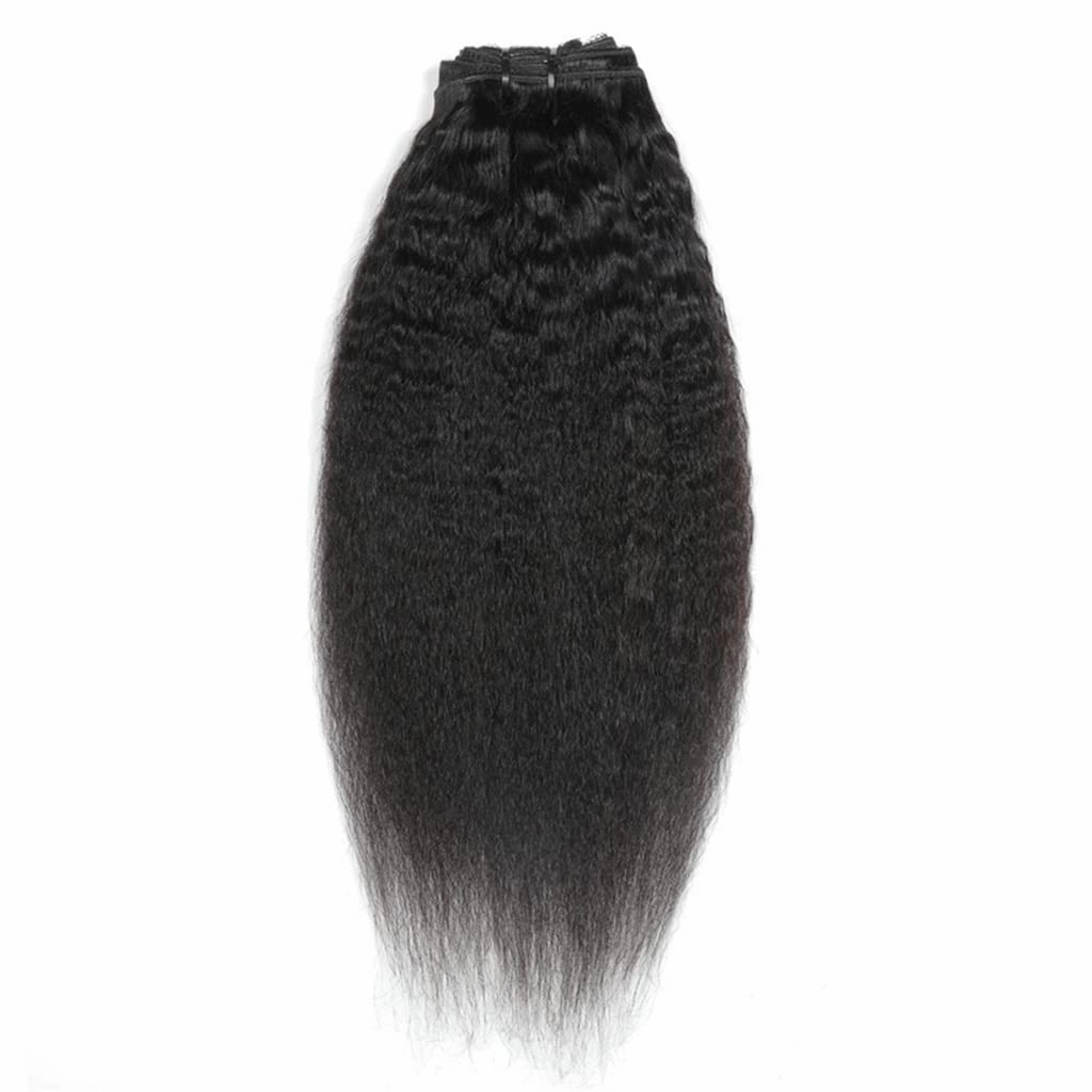 Clips In Hair Extensions Kinky Straight (Yaky) Human Hair - 16" Natural Black (#1B)
