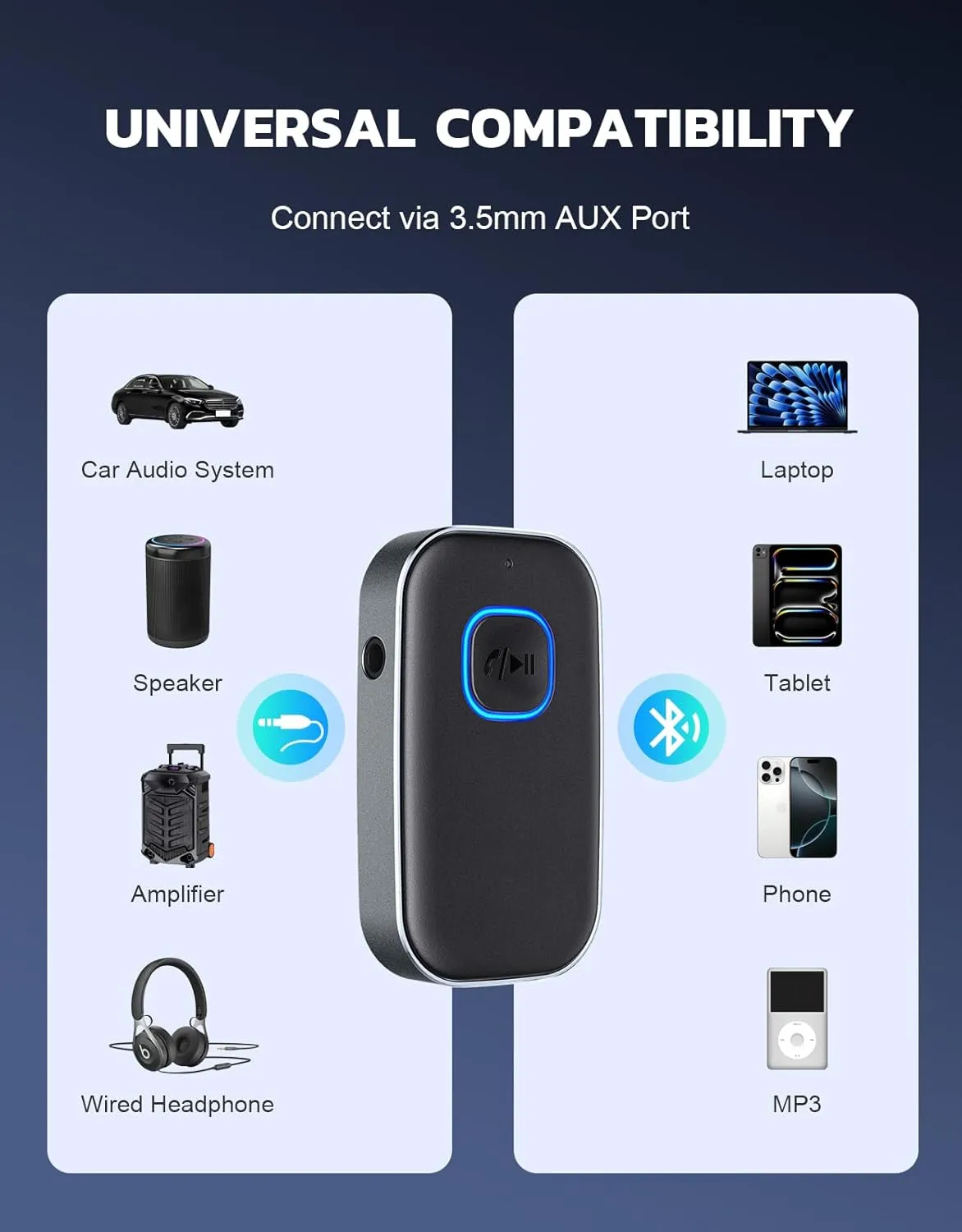 COMSOON Bluetooth Receiver for Car, Noise Cancelling 3.5mm AUX Bluetooth Car Adapter, Wireless Audio Receiver for Home Stereo/Wired Headphones, Hands-Free Call, 16H Battery Life - Dark Gray