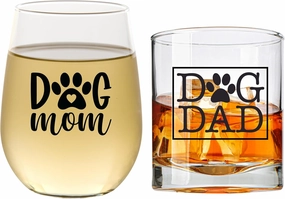 COOL AF Dog Mom Wine Glass & Dog Dad Whiskey Glass Set - Dog Lover Gifts For Women & Men - Scratch Resistant, Dishwasher Safe Dog Mom Gifts - For Couples With Pets - Printed in the USA