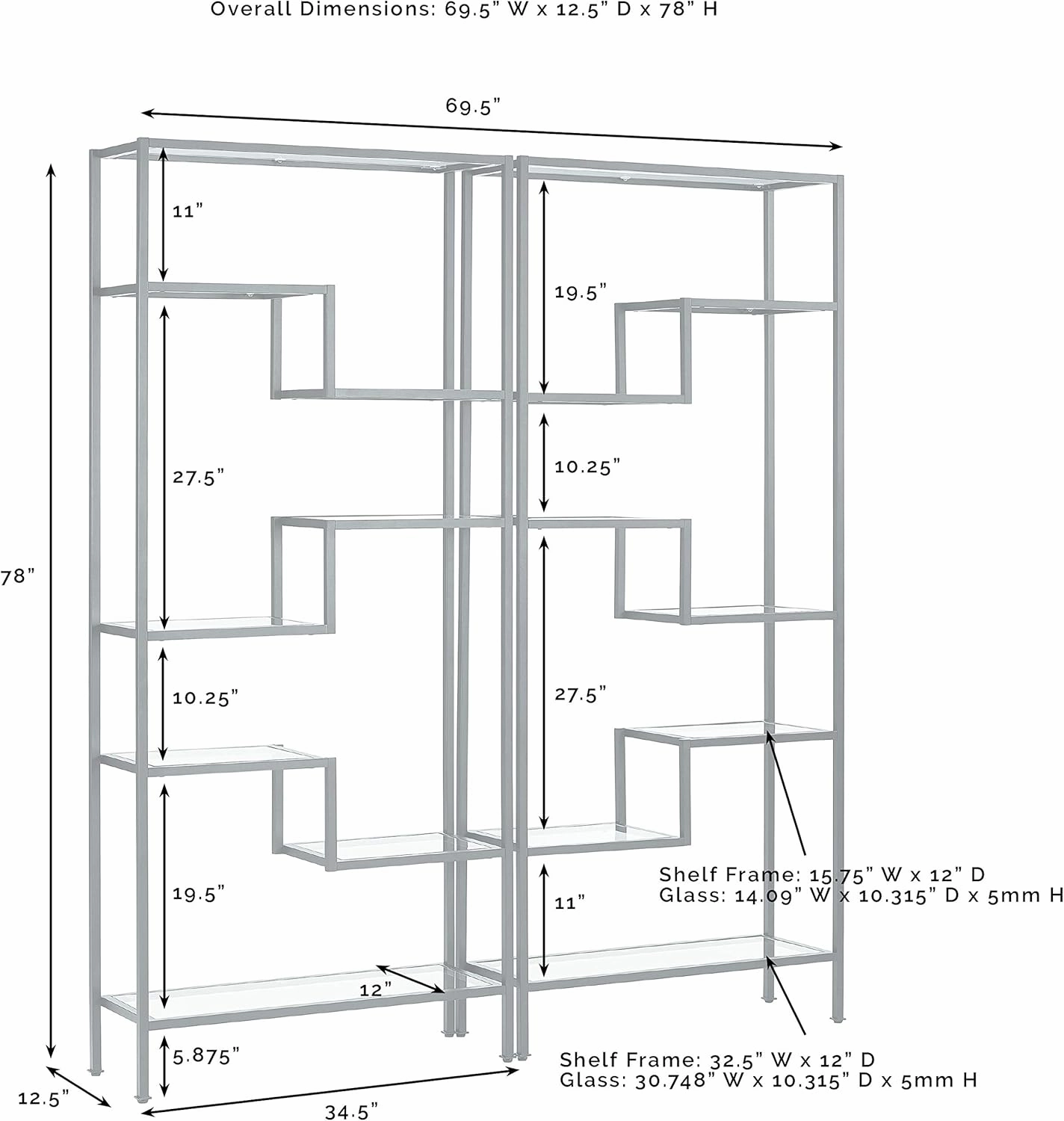 Crosley Furniture Sloane 2-Piece Bookshelf Set with Glass Shelves, Bookcase Storage, Gold