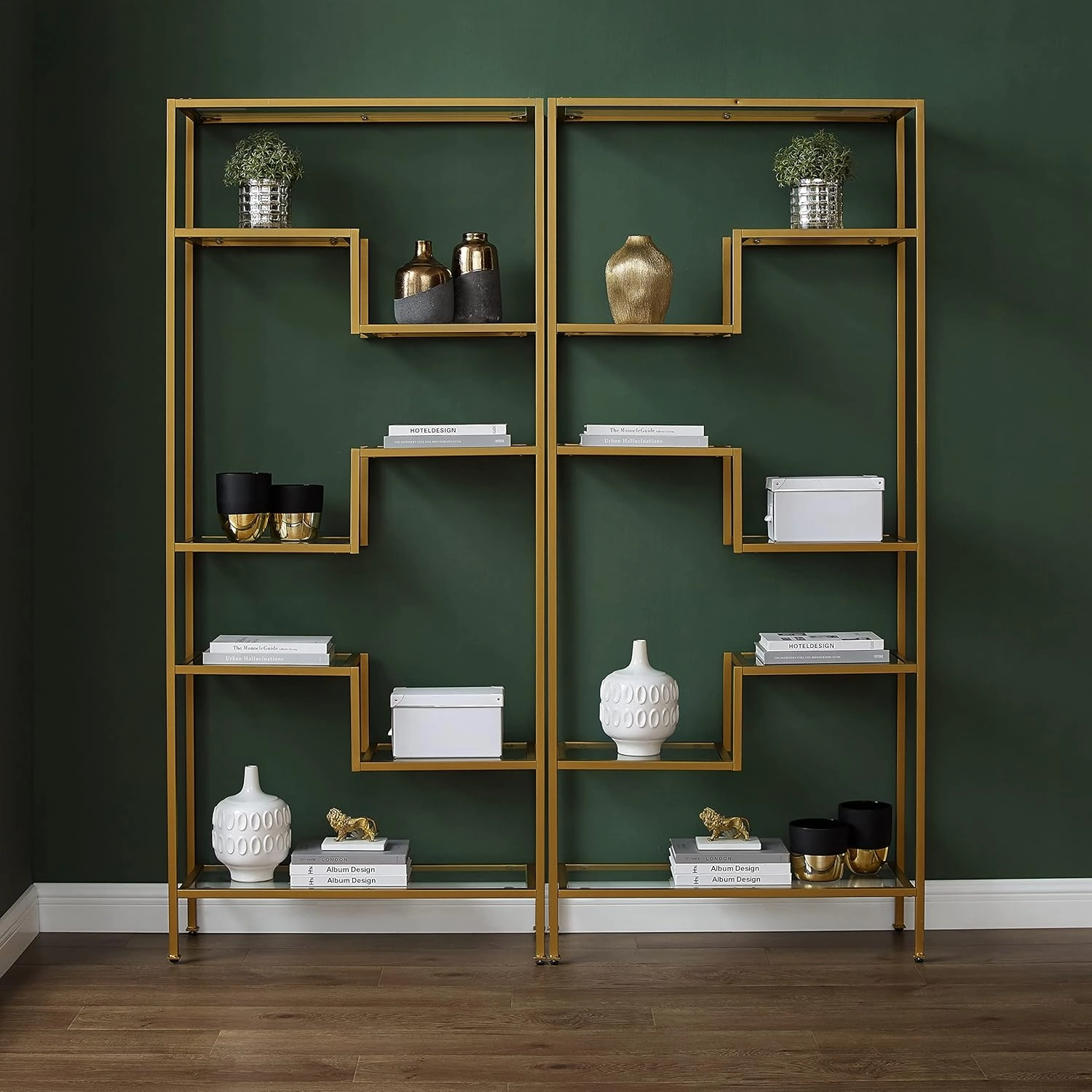 Crosley Furniture Sloane 2-Piece Bookshelf Set with Glass Shelves, Bookcase Storage, Gold