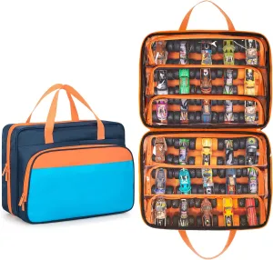 CURMIO Carrying Case Compatible with Monster Jam Trucks, Portable 1:64 Scale Monster Truck Bag Holding 34 Toy Cars for Collectors, Navy-Orange, Bag Only