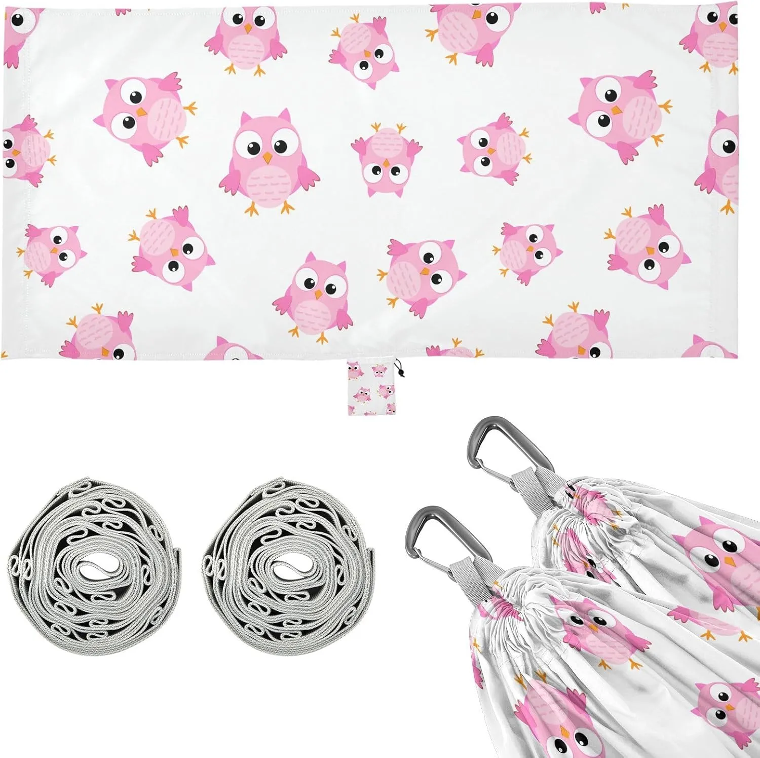 Cute Cartoon Pink Owl Camping Hammock with Tree Straps, Portable Lightweight Parachute Hammocks Camping Accessories Gear for Indoor Outdoor Backpacking Travel Hiking Beach