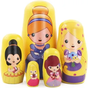 Cute Princess Nesting Dolls for Girls,5 Pcs Girl with Dress Handmade Wooden Russian Nesting Doll Yellow Matryoshka Dolls for Kids Toy Birthday Christmas New Year Girl Women Gift Home Decoration