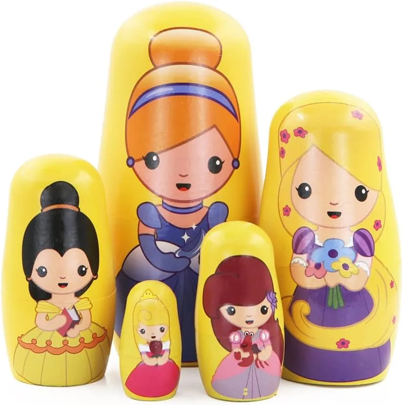 Cute Princess Nesting Dolls for Girls,5 Pcs Girl with Dress Handmade Wooden Russian Nesting Doll Yellow Matryoshka Dolls for Kids Toy Birthday Christmas New Year Girl Women Gift Home Decoration