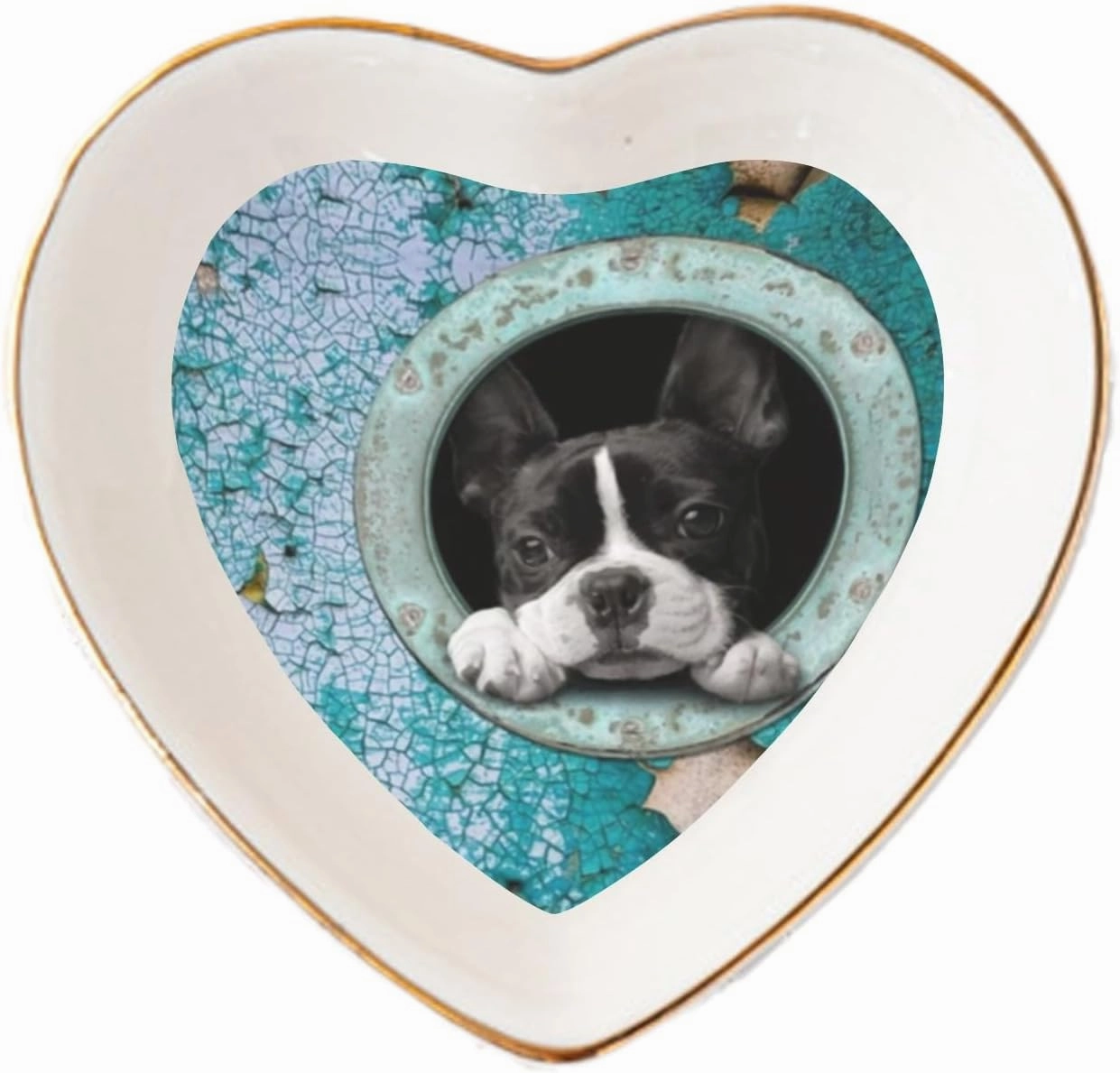 Cute Boston Terrier Ceramic Jewelry Dish Tray Ring Key Bowl Heart Shaped Decorative Plate for Friends Mother
