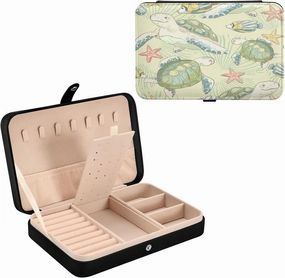 Cute Sea Turtles and Fish PU Leather Travel Jewelry Organizer Case, Portable Jewellery Storage Holder Display for Ring Earrings Necklace Bracelet Bangle Watch Gift for Girl