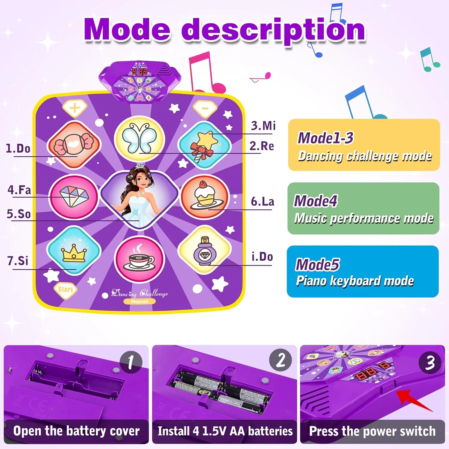 Dance Mat Toys for Kids, Purple Princess Electronic Dance Pad Game with 5 Gaming Modes, Dance Toys with LED Lights, Built-in Music, Ideas Christmas Birthday Gifts for 5  Year Old Toddler Girls