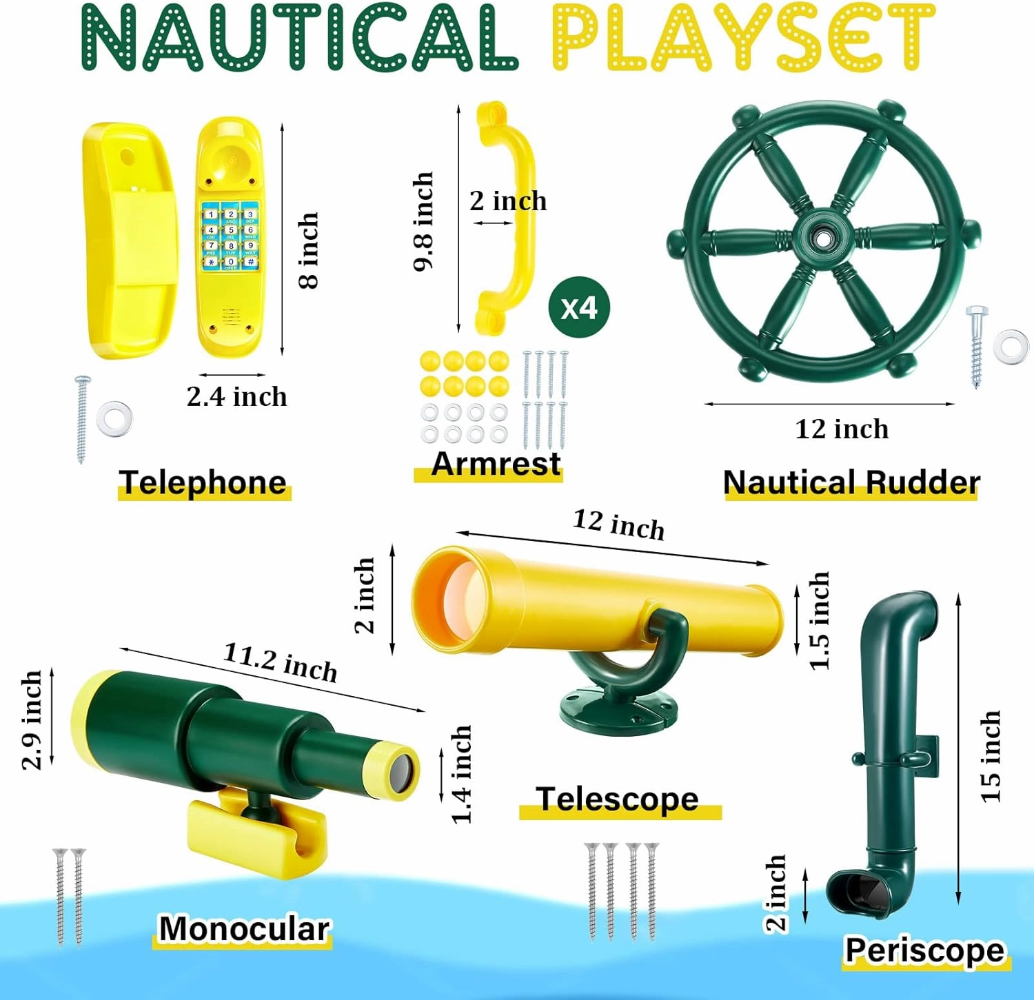 Deekin 9 Pcs Playground Accessories Swing Set Pirate Playground Equipment Set Include Plastic Wheel, Telescope, Periscope, Telephone, Safety Handle Bars for Outdoor Playhouse(Yellow, Green)