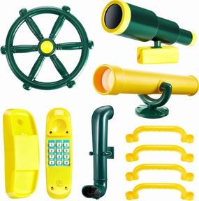 Deekin 9 Pcs Playground Accessories Swing Set Pirate Playground Equipment Set Include Plastic Wheel, Telescope, Periscope, Telephone, Safety Handle Bars for Outdoor Playhouse(Yellow, Green)