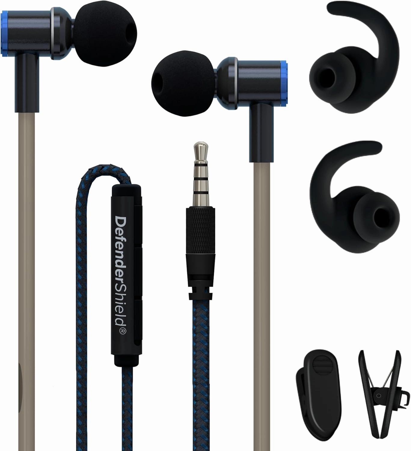 DefenderShield Air Tube Stereo Wired Earbuds – Universal Acoustic Headphones with Built-in Mic & Audio Controls – Secure Fit Wired Headphones with 3.5mm Audio Jack, Sports Tips & 3 Ear Tip Sizes