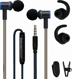 DefenderShield Air Tube Stereo Wired Earbuds – Universal Acoustic Headphones with Built-in Mic & Audio Controls – Secure Fit Wired Headphones with 3.5mm Audio Jack, Sports Tips & 3 Ear Tip Sizes