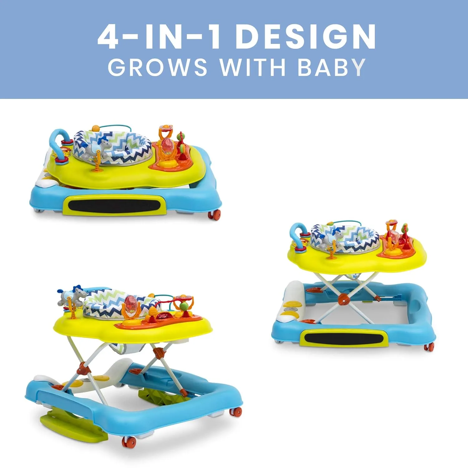 Delta Children 4-in-1 Discover & Play Musical Walker - Features 360 Degree Swivel Seat, Rocker and Walker Mode, Step-to-Play Music, Machine-Washable Seat, Blue/Green