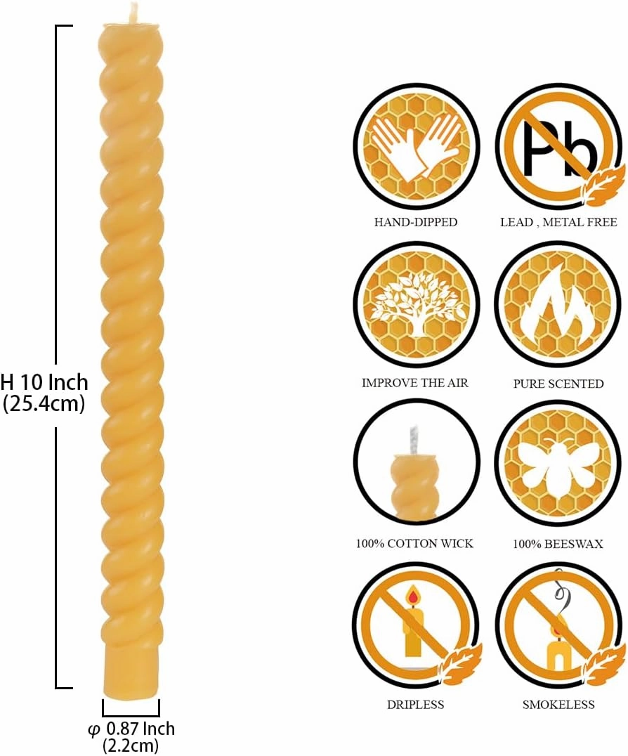DEYBBY Natural Spiral Beeswax Candles, Dripless and Smokless 10 inch Twisted Pure Beeswax Candles Set of 2 for Home Decor & Gift Any Occasions