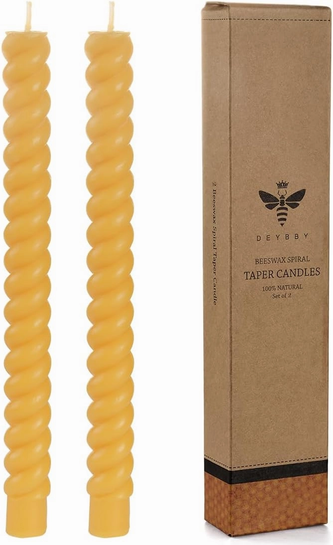 DEYBBY Natural Spiral Beeswax Candles, Dripless and Smokless 10 inch Twisted Pure Beeswax Candles Set of 2 for Home Decor & Gift Any Occasions