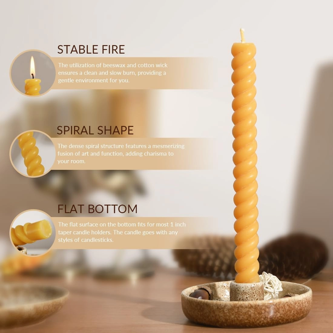 DEYBBY Natural Spiral Beeswax Candles, Dripless and Smokless 10 inch Twisted Pure Beeswax Candles Set of 2 for Home Decor & Gift Any Occasions