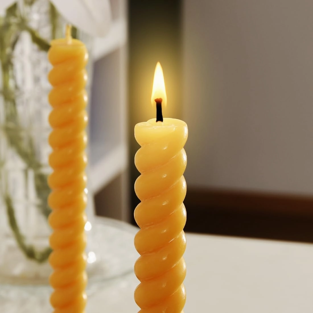 DEYBBY Natural Spiral Beeswax Candles, Dripless and Smokless 10 inch Twisted Pure Beeswax Candles Set of 2 for Home Decor & Gift Any Occasions