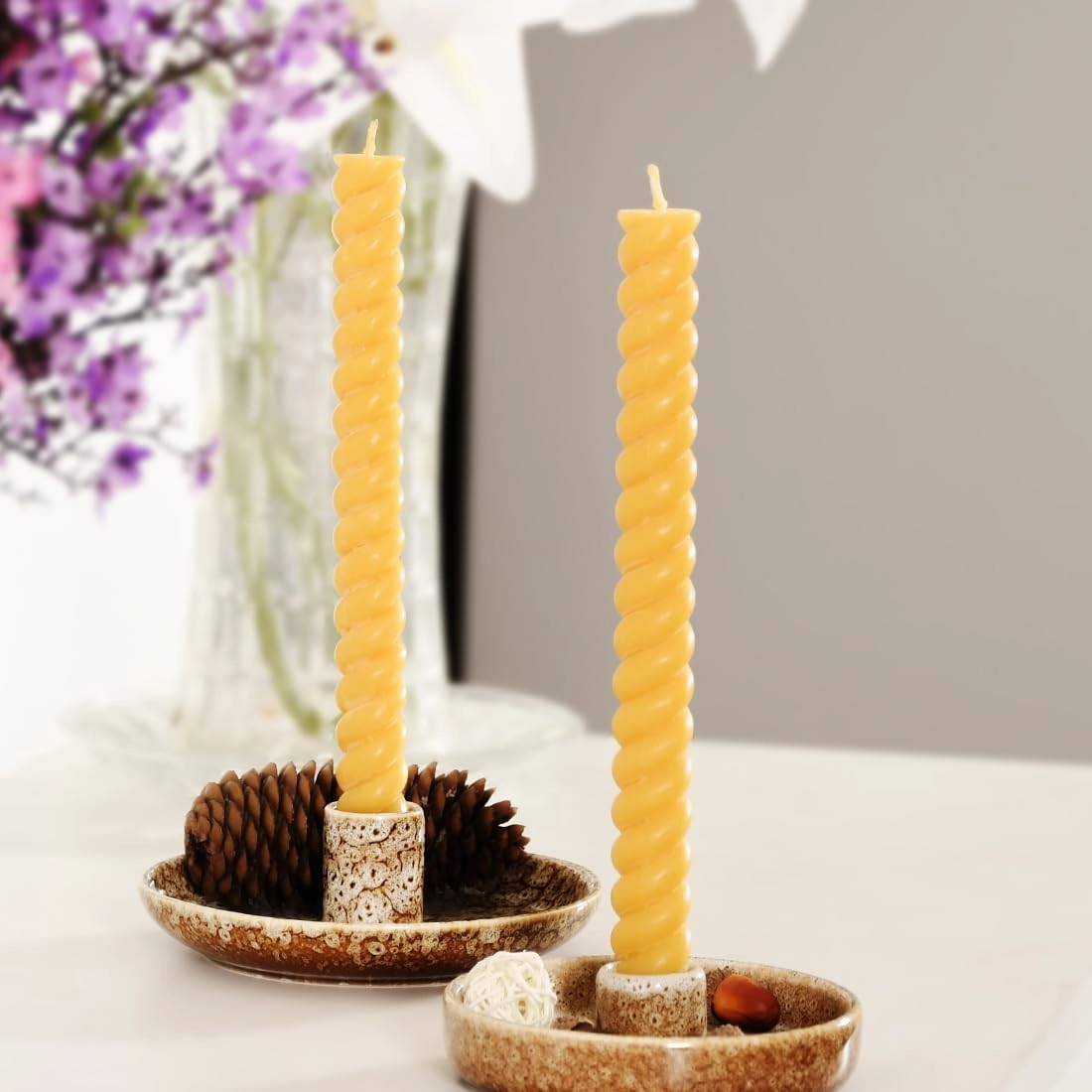 DEYBBY Natural Spiral Beeswax Candles, Dripless and Smokless 10 inch Twisted Pure Beeswax Candles Set of 2 for Home Decor & Gift Any Occasions