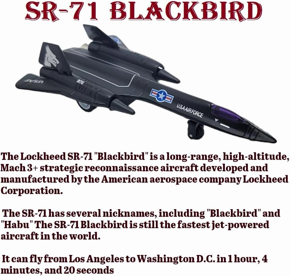 Die-Cast Pullback Stealth Bomber Models (4.25"-5.25") SR-71 Blackbird, F-22 Raptor, F-117 Nighthawk, B2 Bomber (12 Pack in a Display Case)
