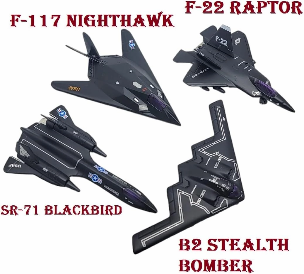 Die-Cast Pullback Stealth Bomber Models (4.25"-5.25") SR-71 Blackbird, F-22 Raptor, F-117 Nighthawk, B2 Bomber (12 Pack in a Display Case)