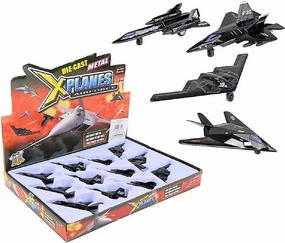 Die-Cast Pullback Stealth Bomber Models (4.25"-5.25") SR-71 Blackbird, F-22 Raptor, F-117 Nighthawk, B2 Bomber (12 Pack in a Display Case)