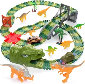 Dinosaur Track Toys, 200  Pcs Create A Dinosaur World Road Race, Flexible Track Playset with 1 Dinosaur Car,1 Race Car,8 Dinosaurs for 3 4 5 6 Year & Up Old Boys Girls Kids Toddlers Great Gift