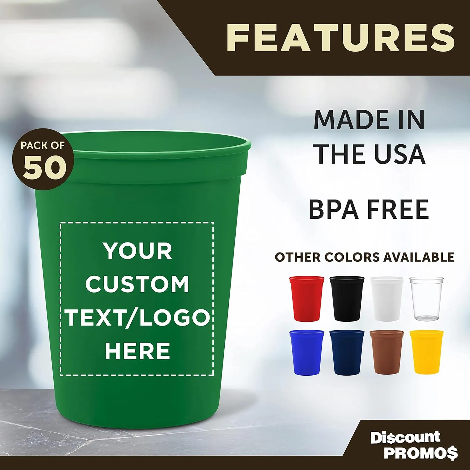 DISCOUNT PROMOS Custom Plastic Stadium Cups 16 oz. Set of 50, Personalized Bulk Pack - Perfect for Birthdays, Weddings, Picnic, Beach, Parties - Kelly Green