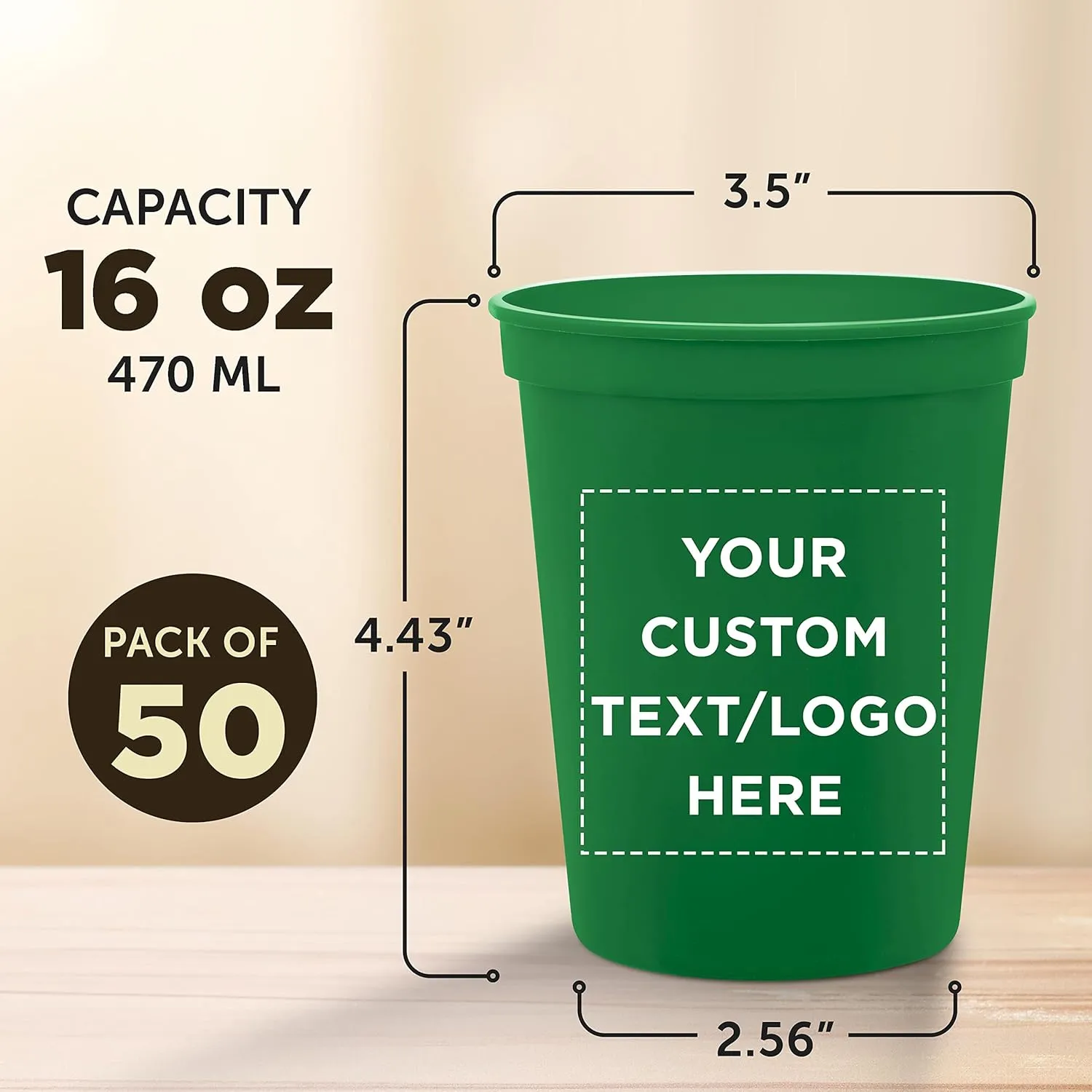 DISCOUNT PROMOS Custom Plastic Stadium Cups 16 oz. Set of 50, Personalized Bulk Pack - Perfect for Birthdays, Weddings, Picnic, Beach, Parties - Kelly Green