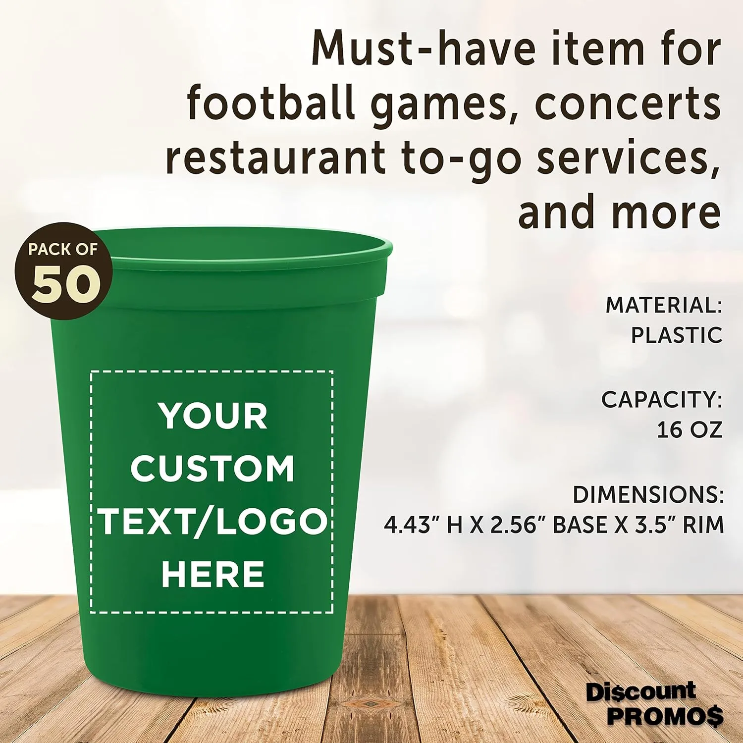 DISCOUNT PROMOS Custom Plastic Stadium Cups 16 oz. Set of 50, Personalized Bulk Pack - Perfect for Birthdays, Weddings, Picnic, Beach, Parties - Kelly Green