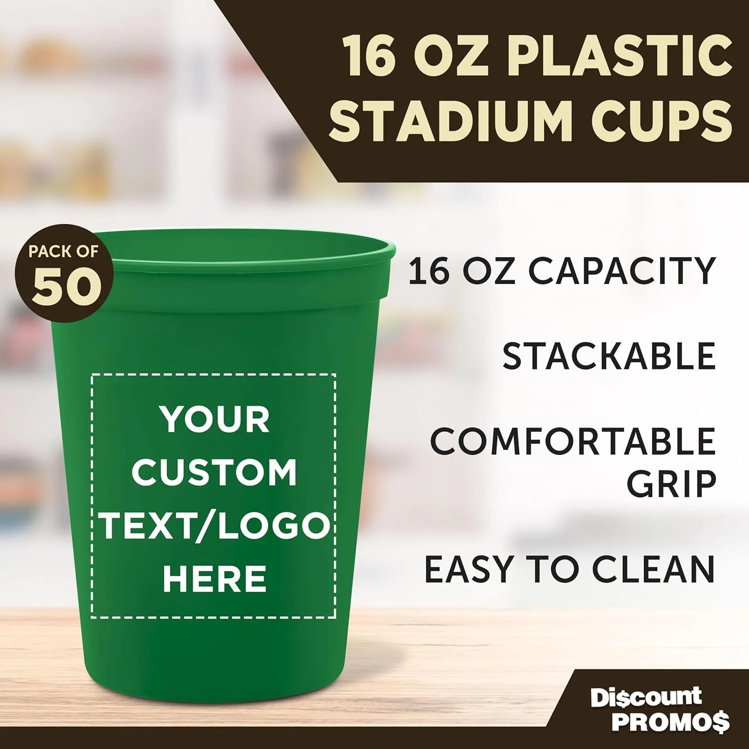 DISCOUNT PROMOS Custom Plastic Stadium Cups 16 oz. Set of 50, Personalized Bulk Pack - Perfect for Birthdays, Weddings, Picnic, Beach, Parties - Kelly Green