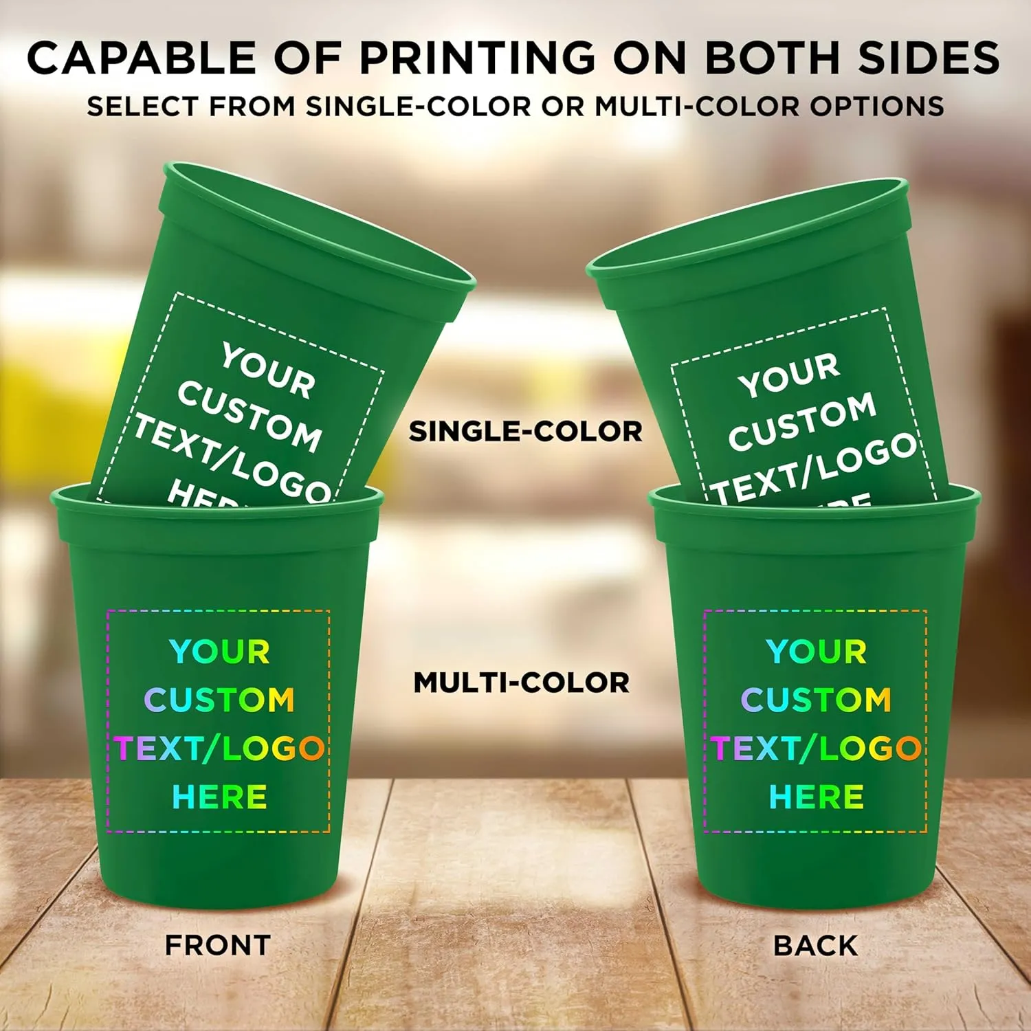 DISCOUNT PROMOS Custom Plastic Stadium Cups 16 oz. Set of 50, Personalized Bulk Pack - Perfect for Birthdays, Weddings, Picnic, Beach, Parties - Kelly Green