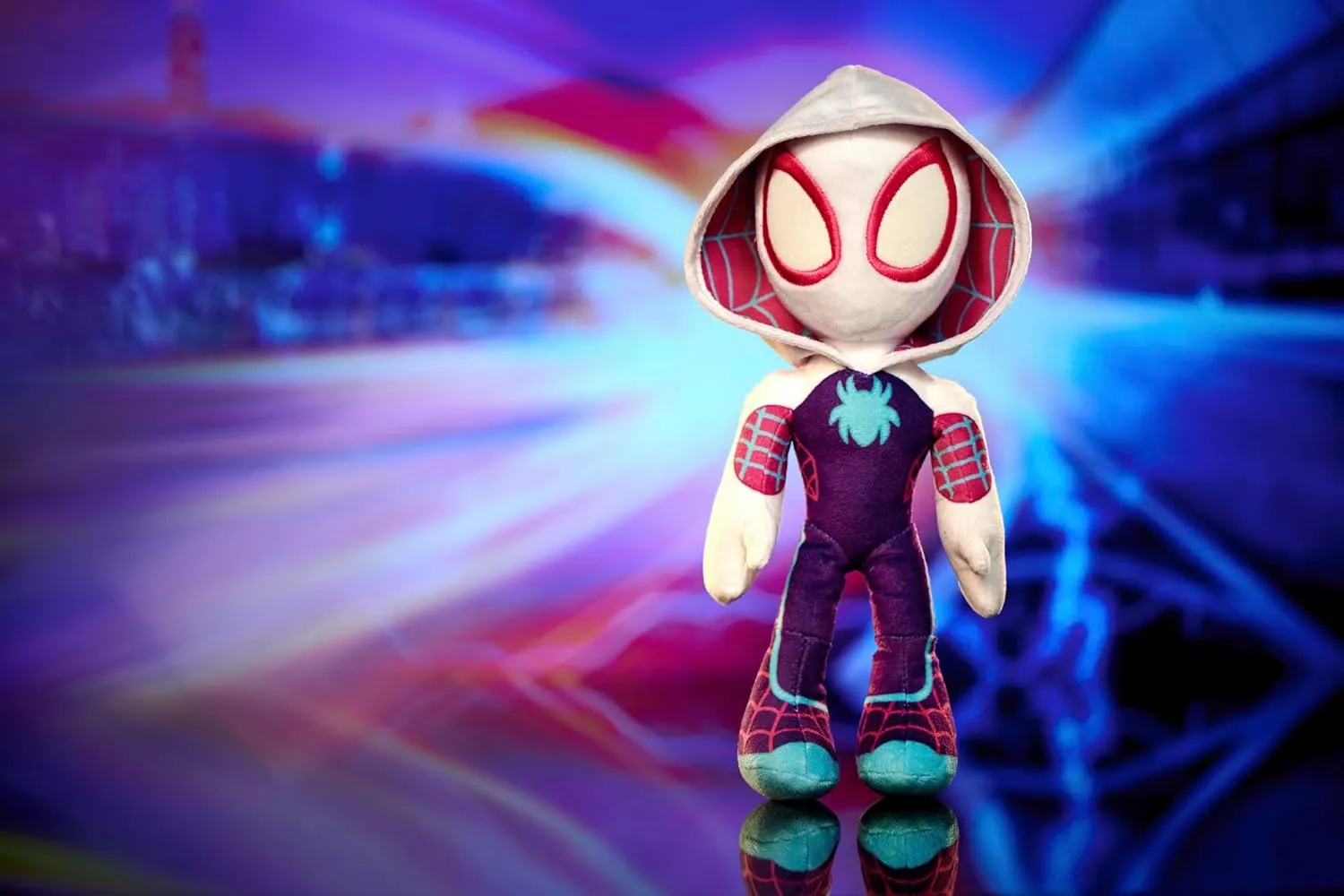 Disney Spiderverse Ghost Spider Action Figure Soft Toy with Glow in The Dark Eyes, Multicolor, One Size, 25 cm