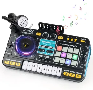 DJ Mixer for Kids Age 3 , 2-In-1 8-Key Keyboard Piano 12 MIDI Buttons DJ Set with Entertainment Mode, Bluetooth & Recording Function, Musical Toys Gifts for Birthday, Christmas, New Year