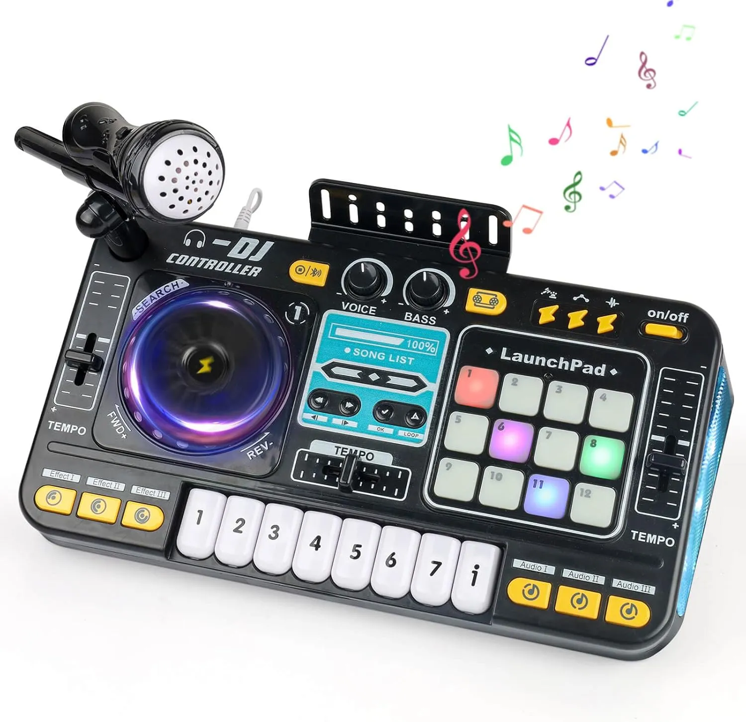DJ Mixer for Kids Age 3 , 2-In-1 8-Key Keyboard Piano 12 MIDI Buttons DJ Set with Entertainment Mode, Bluetooth & Recording Function, Musical Toys Gifts for Birthday, Christmas, New Year