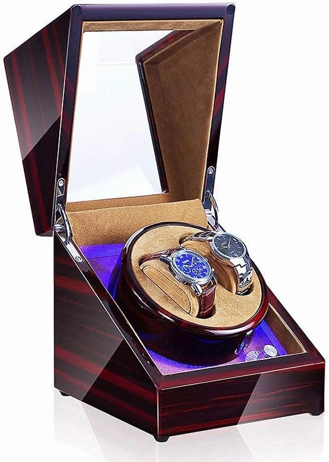 Double Automatic Watch Winder Box LED Switch 5-Speed Adjustment Mode Wooden Luxury Storage Case for 2 Wrist Watches (C)
