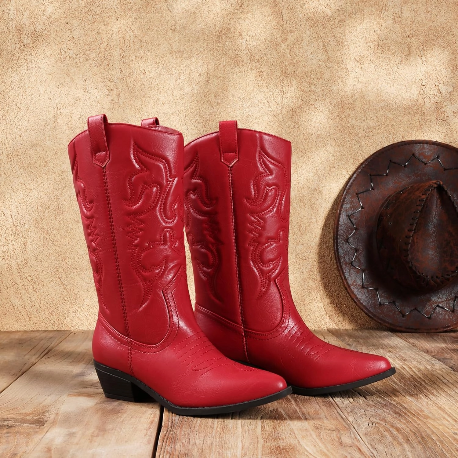 DREAM PAIRS Women's Cowboy Boots Pull On Cowgirl Boots Mid Calf Western Boots