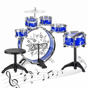 Drum Set,SKONYON 11 Pieces of Boys and Girls Kids Drum Set Musical Instrument Toy Toy Set Kids Starter Drum Set w/ Bass Drum, Tom Drums, Snare, Cymbal, Stool, Drumsticks - Blue