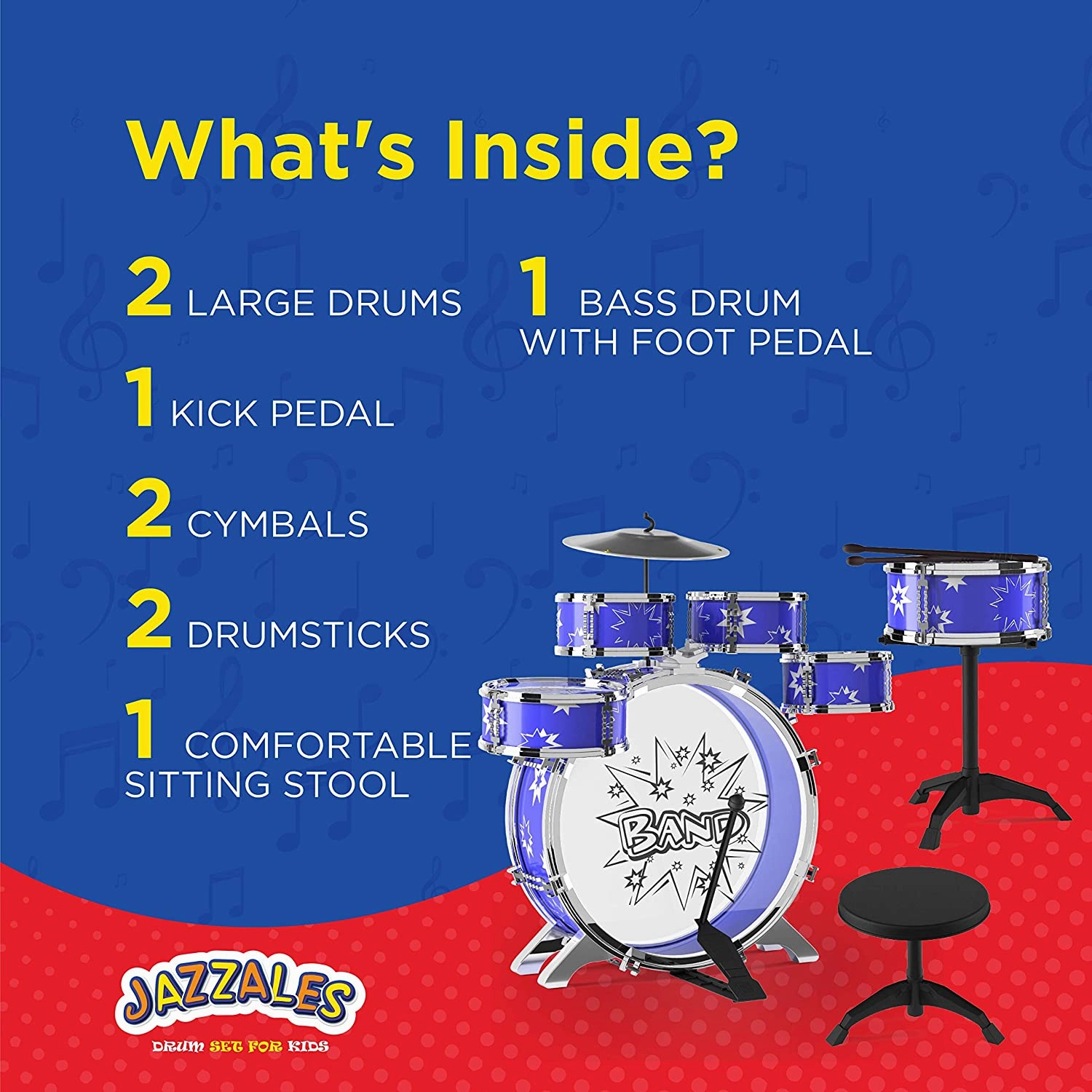 Drum Set,SKONYON 11 Pieces of Boys and Girls Kids Drum Set Musical Instrument Toy Toy Set Kids Starter Drum Set w/ Bass Drum, Tom Drums, Snare, Cymbal, Stool, Drumsticks - Blue